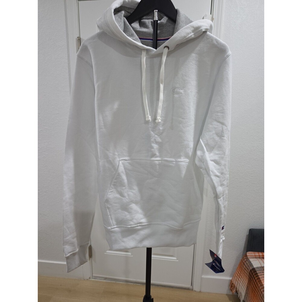 Champion Men’s M White Pullover Hoodie Drawstring Logo Pocket Solid NWT